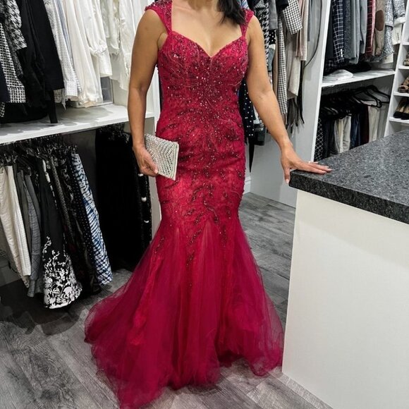 NWT Mac Duggal Red Pink Mermaid Formal Gown $798 - Picture 10 of 13